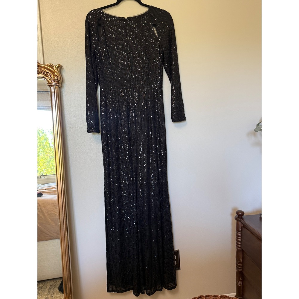 Black Sequin Long Sleeve Maxi Dress Shoulder Cut Out Side Slit Formal Gown - Picture 10 of 16